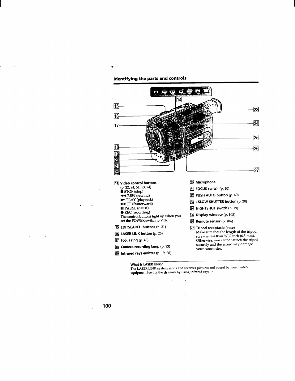 03 video control buttons, 01 editsearch buttons (p. 21), 01 laser unk button (p. 26) | 03 focus ring (p. 40), 01 infrared rays emitter (p. 19,26), I microphone, I focus switch (p. 40), I push auto button (p. 40), I +slow shutter button (p. 20), I nightshot switch (p, 19) | Sony DCR-TRV510 User Manual | Page 100 / 136