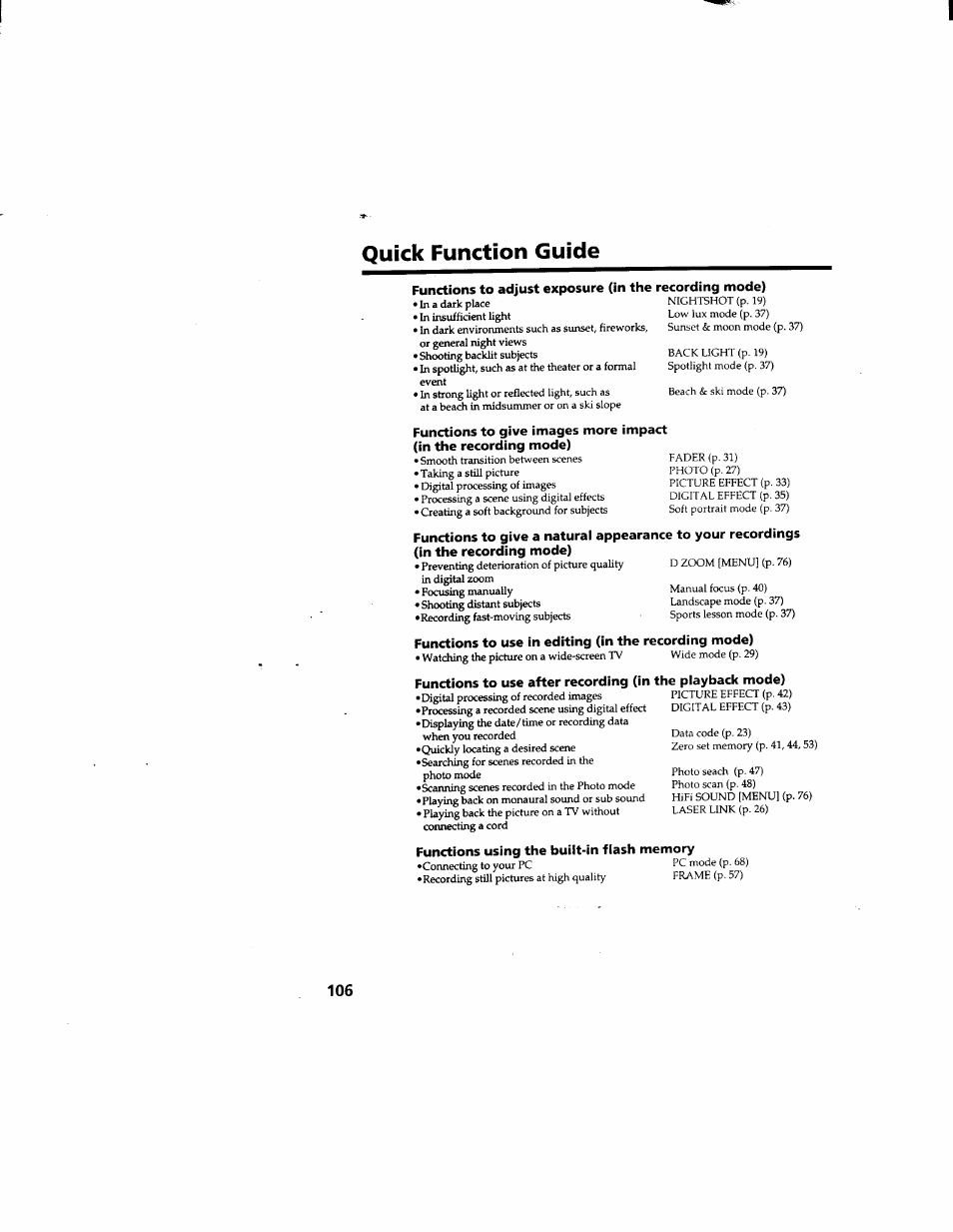 Quick function guide, Functions using the built-in flash memory, Quick function ciuido | Sony DCR-TRV510 User Manual | Page 106 / 136