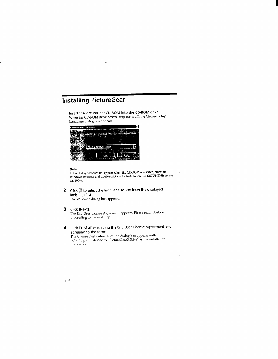 Note, Installing picturegear | Sony DCR-TRV510 User Manual | Page 116 / 136
