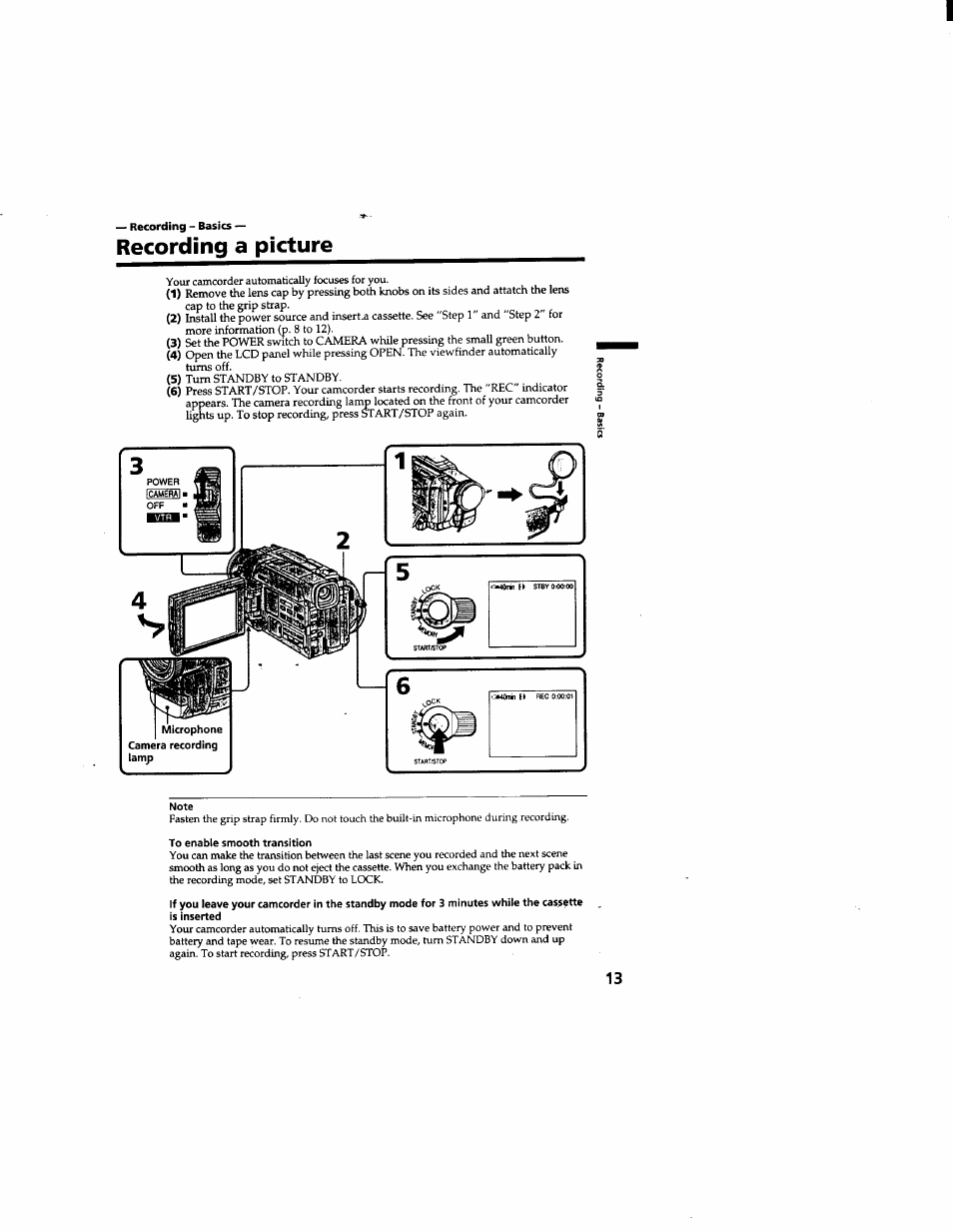 Recording a picture, Note, To enable smooth transition | Sony DCR-TRV510 User Manual | Page 13 / 136