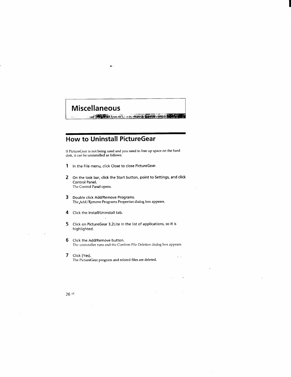 Miscellaneous, How to uninstall picturegear | Sony DCR-TRV510 User Manual | Page 134 / 136