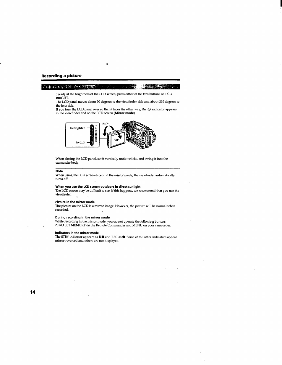 Note, Picture in the mirror mode, During recording in the mirror mode | Indicators in the mirror mode | Sony DCR-TRV510 User Manual | Page 14 / 136