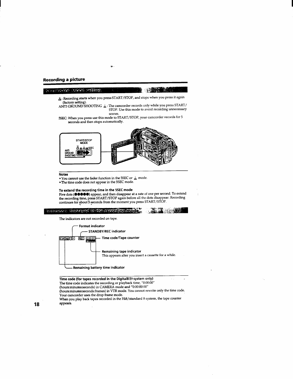 Notes, To extend the recording time in the 5sec mode, Format indicator | Remaining battery time indicator, Recording a picture | Sony DCR-TRV510 User Manual | Page 18 / 136