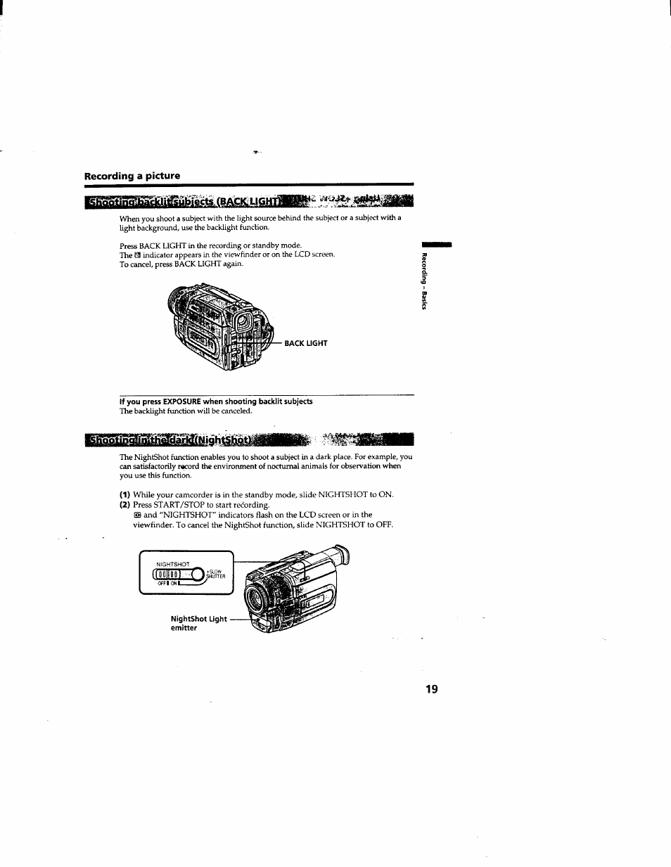 Back light, Nightshot light - emitter, Back light) | Recording a picture | Sony DCR-TRV510 User Manual | Page 19 / 136