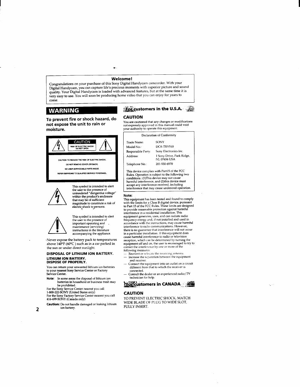 Welcome, Caution, Dispose of properly | Ii^customers in the u.s.a. ■' caution, Note, Ij^^^ustomers in canada caution, Warning | Sony DCR-TRV510 User Manual | Page 2 / 136