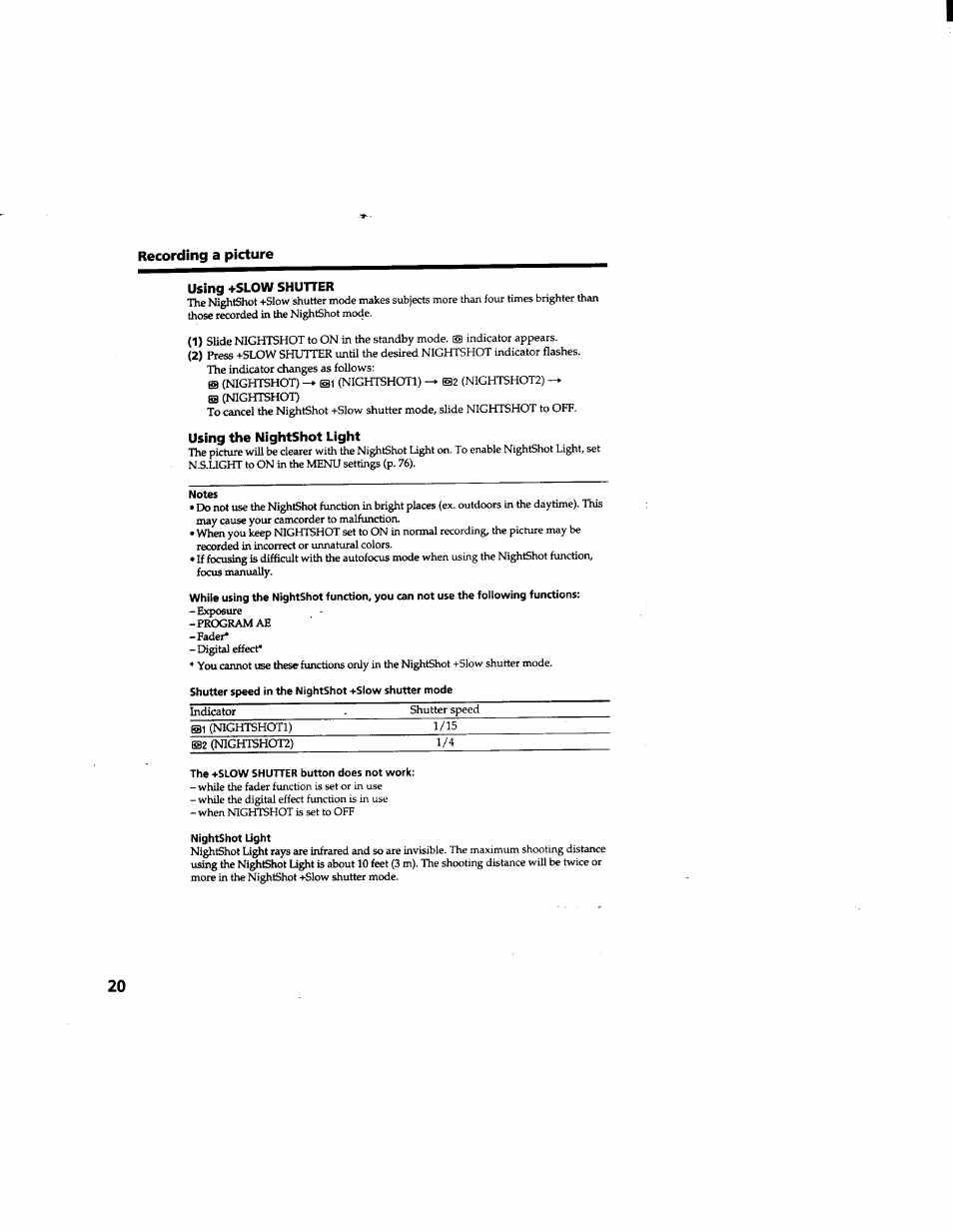 Using +slow shutter, Using the nightshot light, Notes | Shutter speed in the nightshot +slow shutter mode, The +slow shutter button does not work, Nightshot light, Recording a picture | Sony DCR-TRV510 User Manual | Page 20 / 136