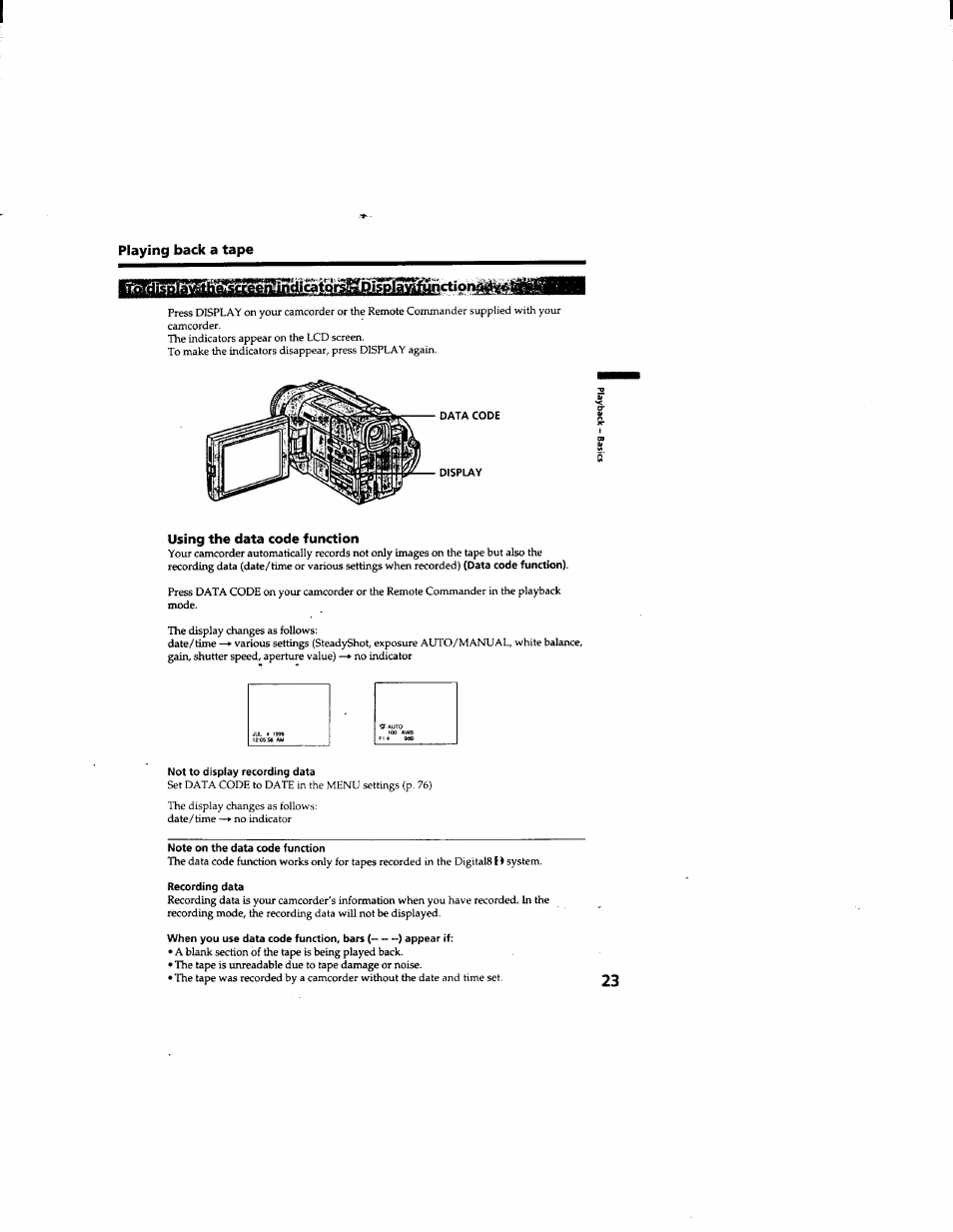 Using the data code function, Not to display recording data, Playing back a tape | Sony DCR-TRV510 User Manual | Page 23 / 136