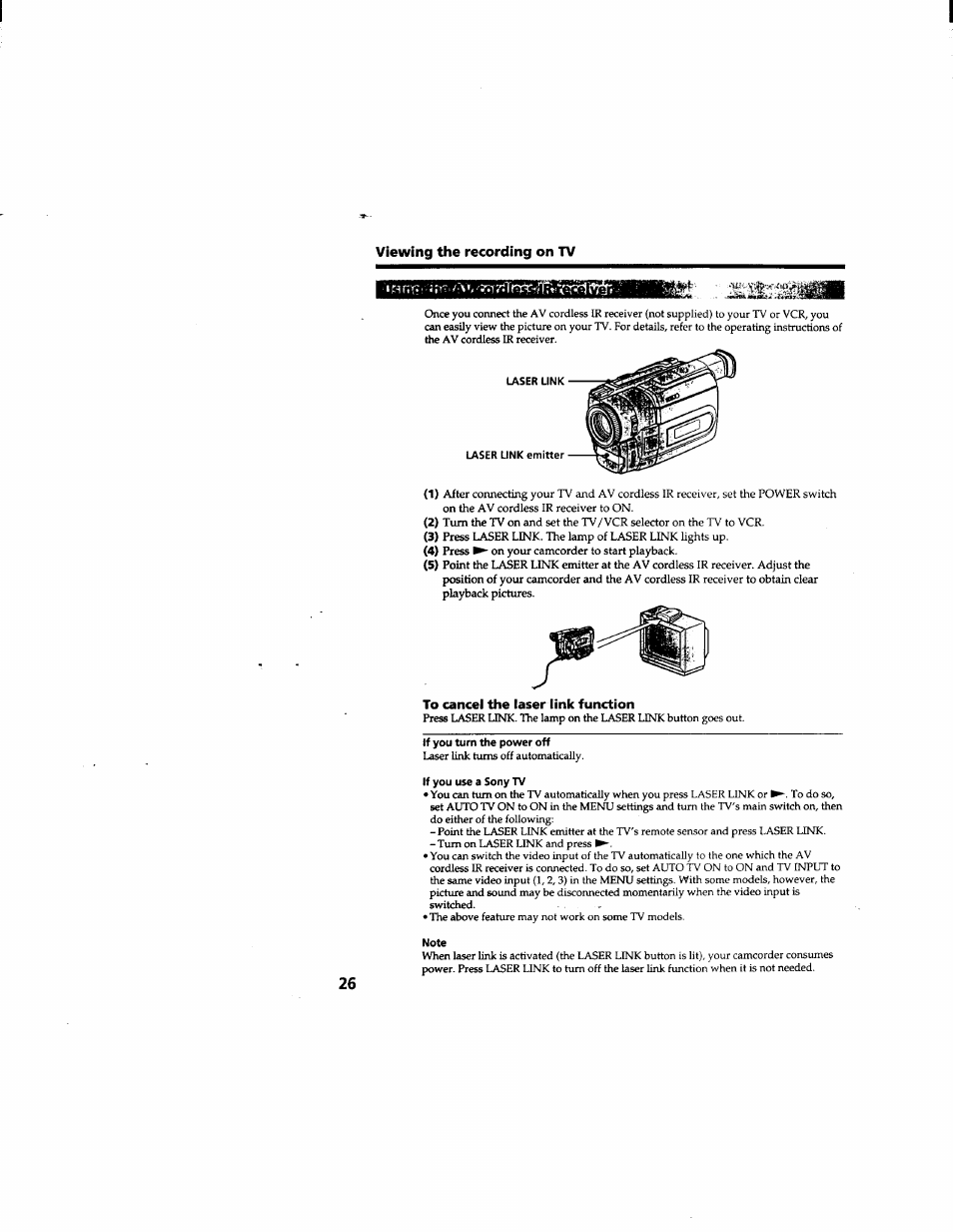 Viewing the recording on tv, To cancel the laser link function | Sony DCR-TRV510 User Manual | Page 26 / 136