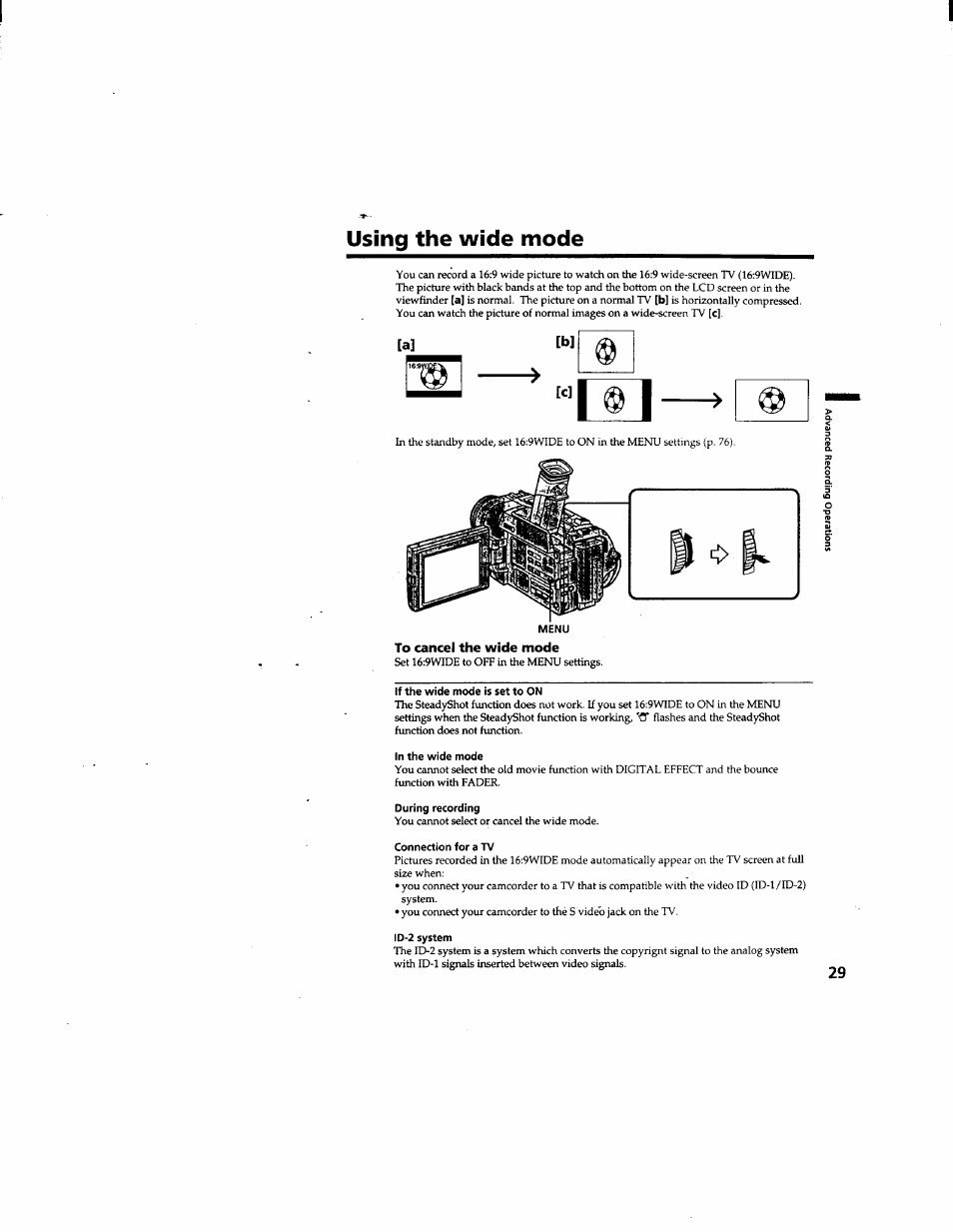 Using the wide mode, If the wide mode is set to on, In the wide mode | During recording, Connection for a tv, Id-2 system | Sony DCR-TRV510 User Manual | Page 29 / 136