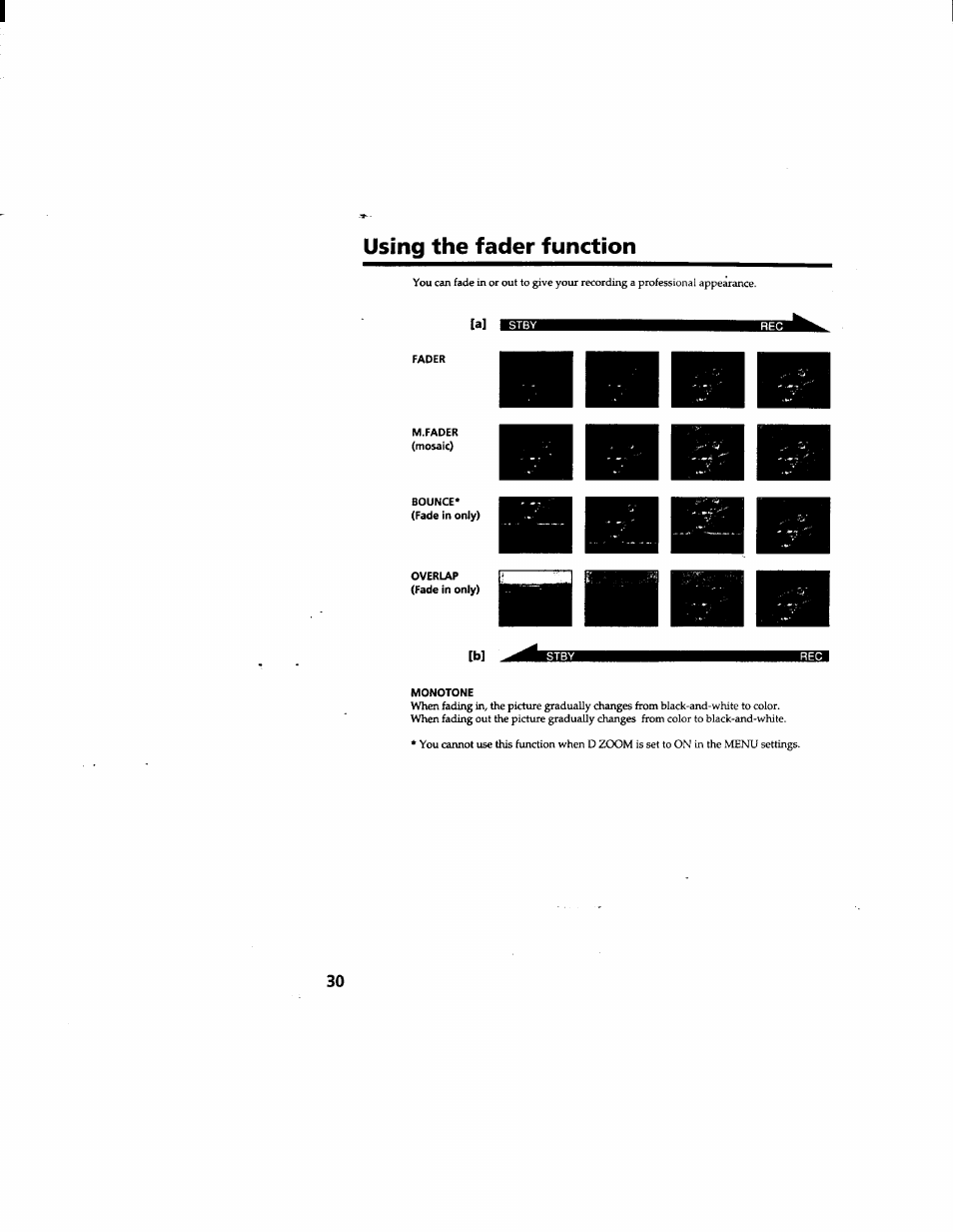 Using the fader function, Fader, M.fader | Monotone | Sony DCR-TRV510 User Manual | Page 30 / 136