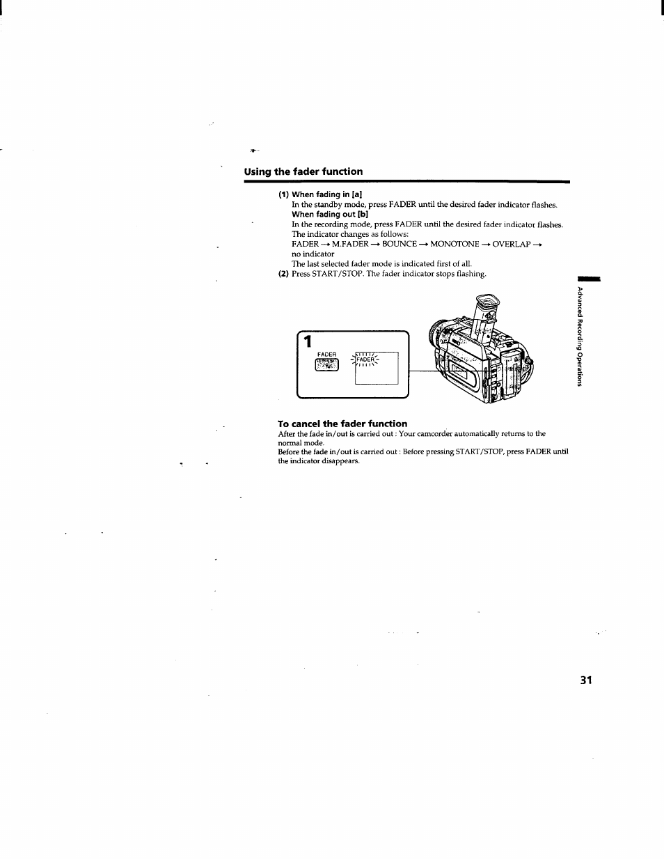 1) when fading in [a, When fading out [b, To cancei the fader function | Sony DCR-TRV510 User Manual | Page 31 / 136