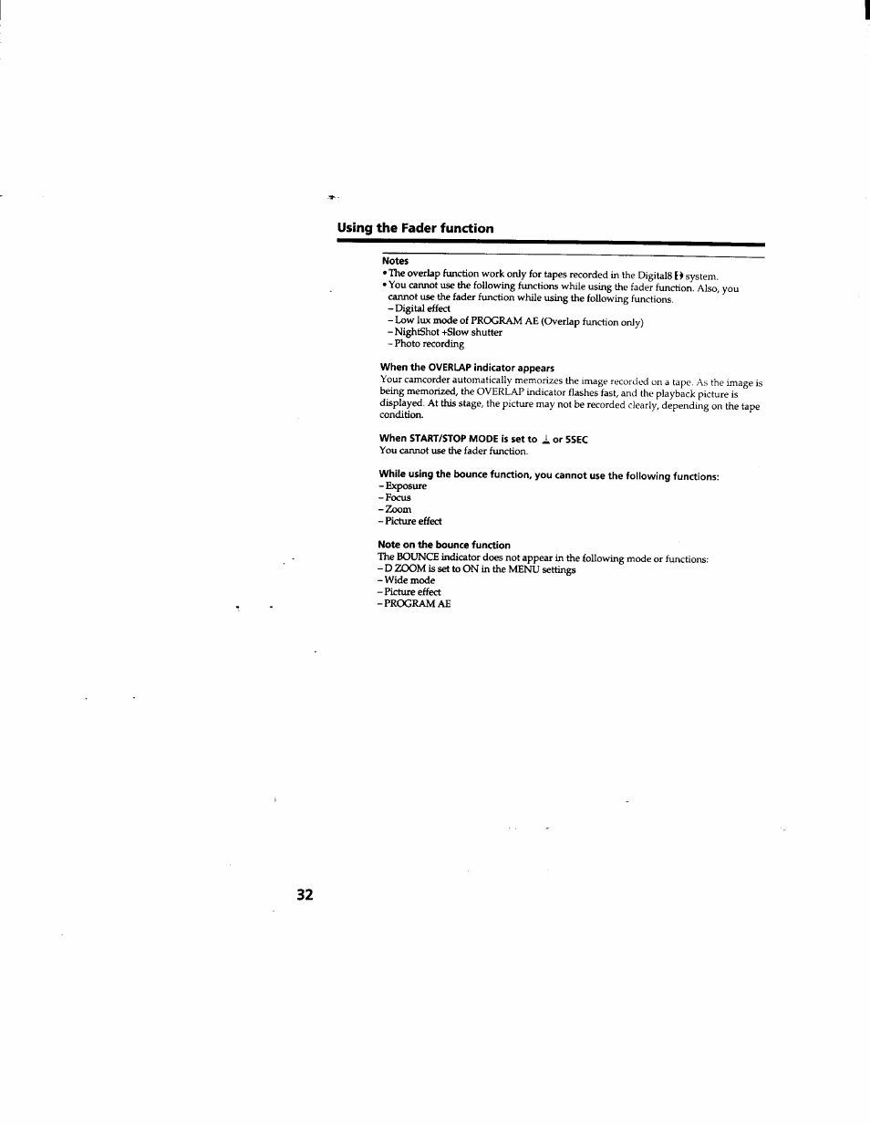 Notes, When the overlap indicator appears, When start/stop mode is set to | Note on the bounce function, Using the fader function | Sony DCR-TRV510 User Manual | Page 32 / 136