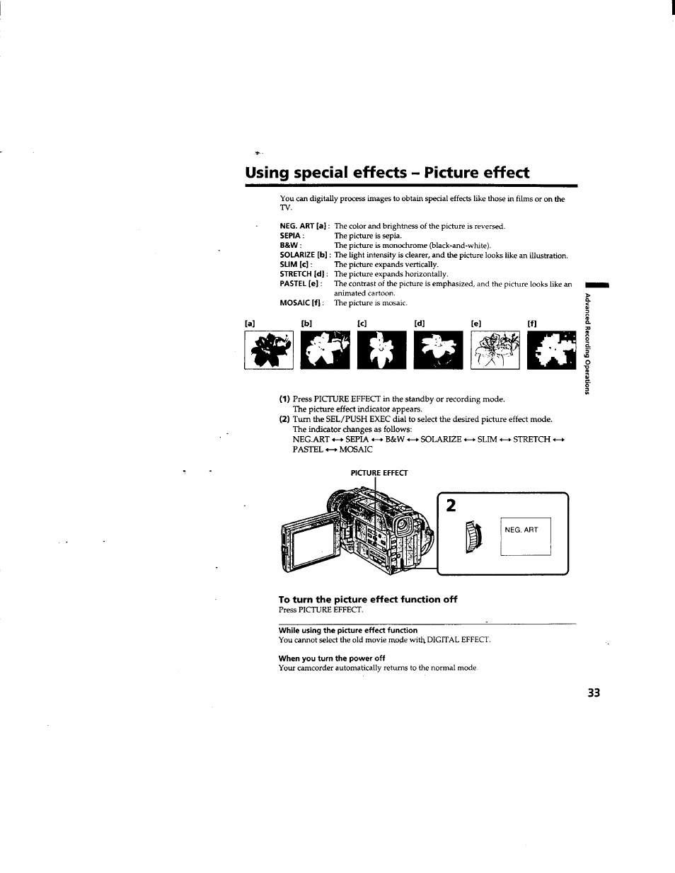 Using special effects - picture effect, Neg. art [a]: sepia, Mosaic [f | To turn the picture effect function off, While using the picture effect function, When you turn the power off | Sony DCR-TRV510 User Manual | Page 33 / 136