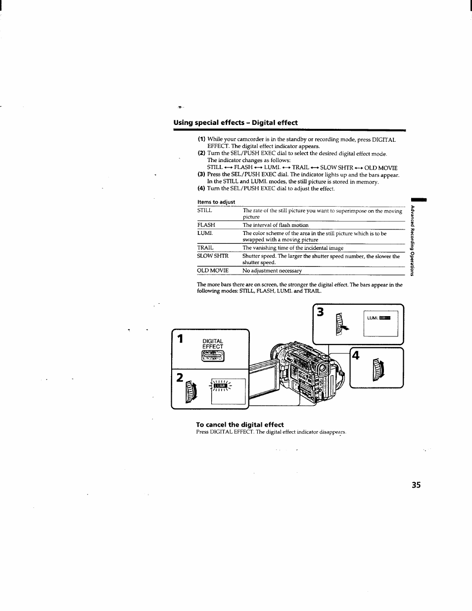 Items to adjust, To cancel the digital effect, Using special effects - digital effect | Sony DCR-TRV510 User Manual | Page 35 / 136