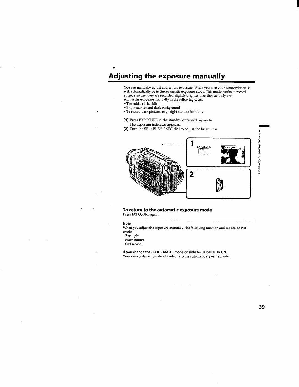 Adjusting the exposure manually, To return to the automatic exposure mode | Sony DCR-TRV510 User Manual | Page 39 / 136