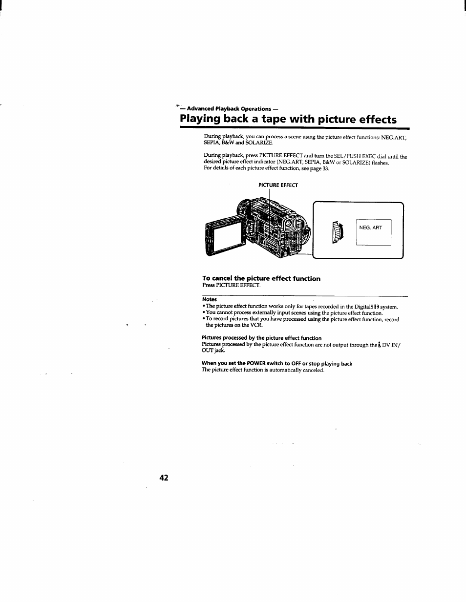 Advanced playback operations, Playing back a tape with picture effects, To cancel the picture effect function | Notes, Pictures processed by the picture effect function | Sony DCR-TRV510 User Manual | Page 42 / 136