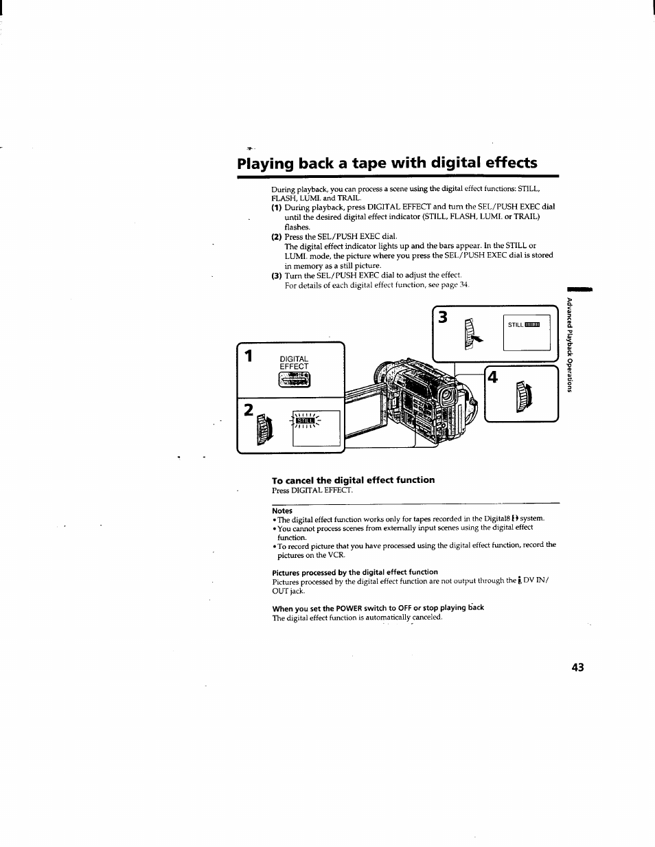 Playing back a tape with digital effects, To cancel the digital effect function | Sony DCR-TRV510 User Manual | Page 43 / 136