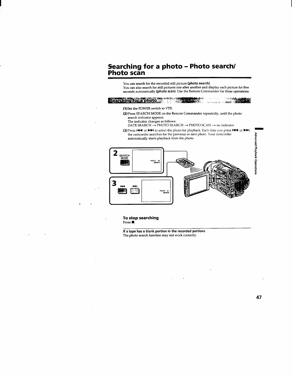 Searching for a photo - photo search/ photo scan, To stop searching | Sony DCR-TRV510 User Manual | Page 47 / 136