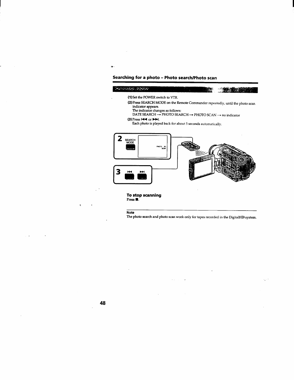 Searching for a photo - photo search/photo scan, To stop scanning | Sony DCR-TRV510 User Manual | Page 48 / 136