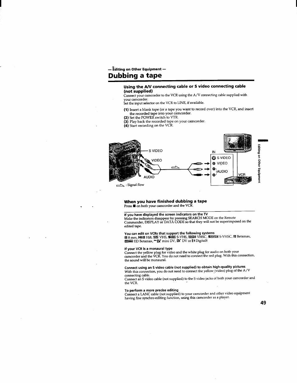 Editing on other equipment, Dubbing a tape, When you have finished dubbing a tape | If your vcr is a monaural type, To perform a more precise editing | Sony DCR-TRV510 User Manual | Page 49 / 136