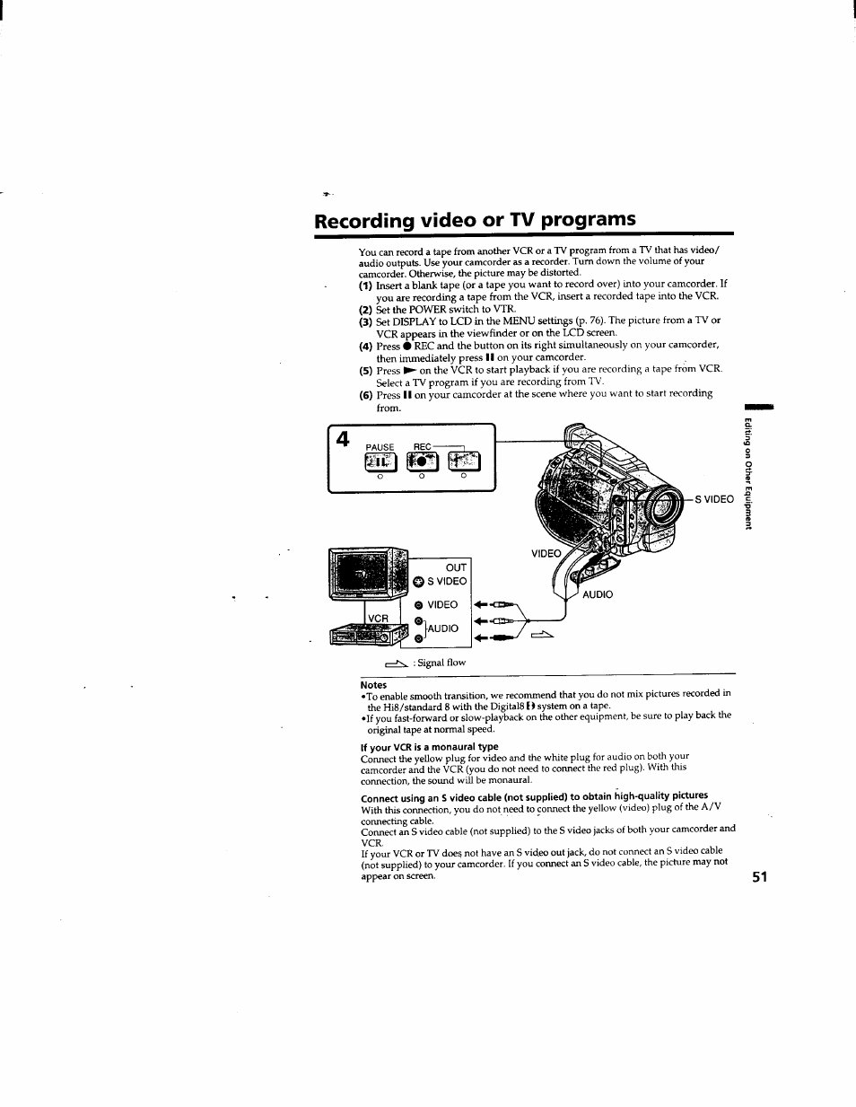 Recording video or tv programs, Notes | Sony DCR-TRV510 User Manual | Page 51 / 136