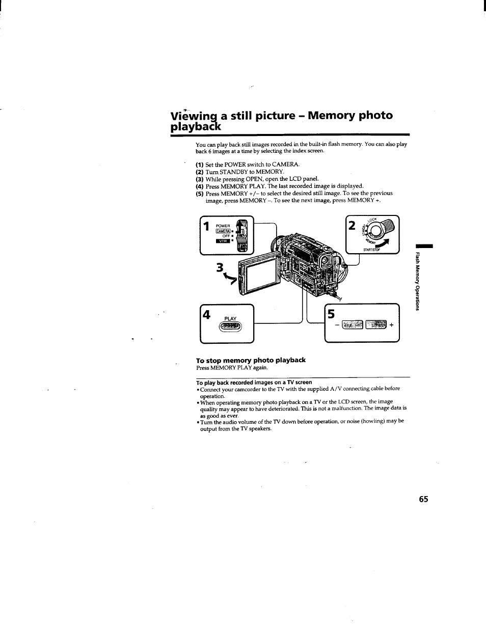 Viewing a still picture - memory photo playback, To stop memory photo playback, Memory photo playback | Sony DCR-TRV510 User Manual | Page 65 / 136