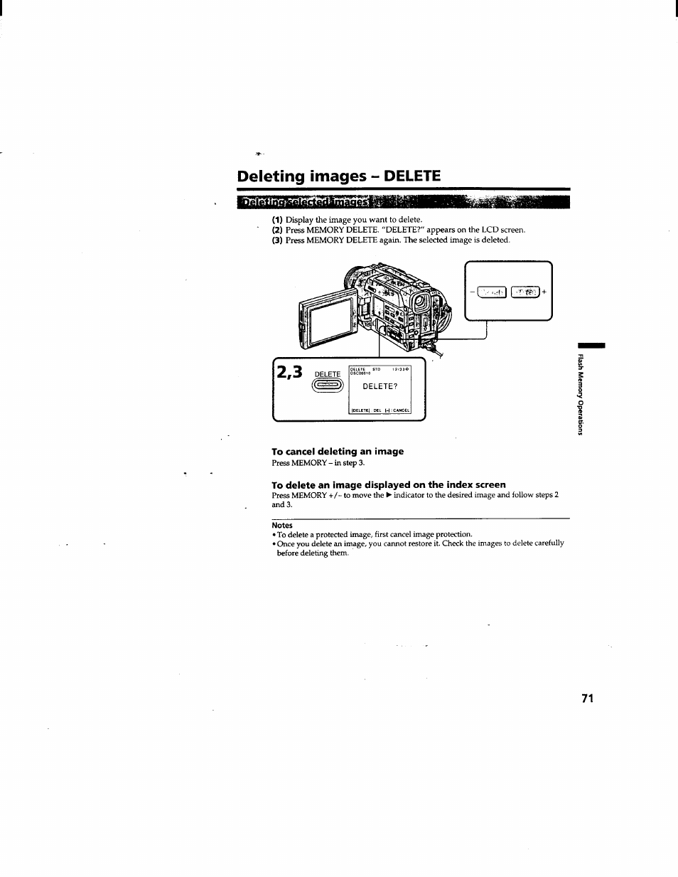 Deleting images - delete, To cancel deleting an image, To delete an image displayed on the index screen | Notes | Sony DCR-TRV510 User Manual | Page 71 / 136
