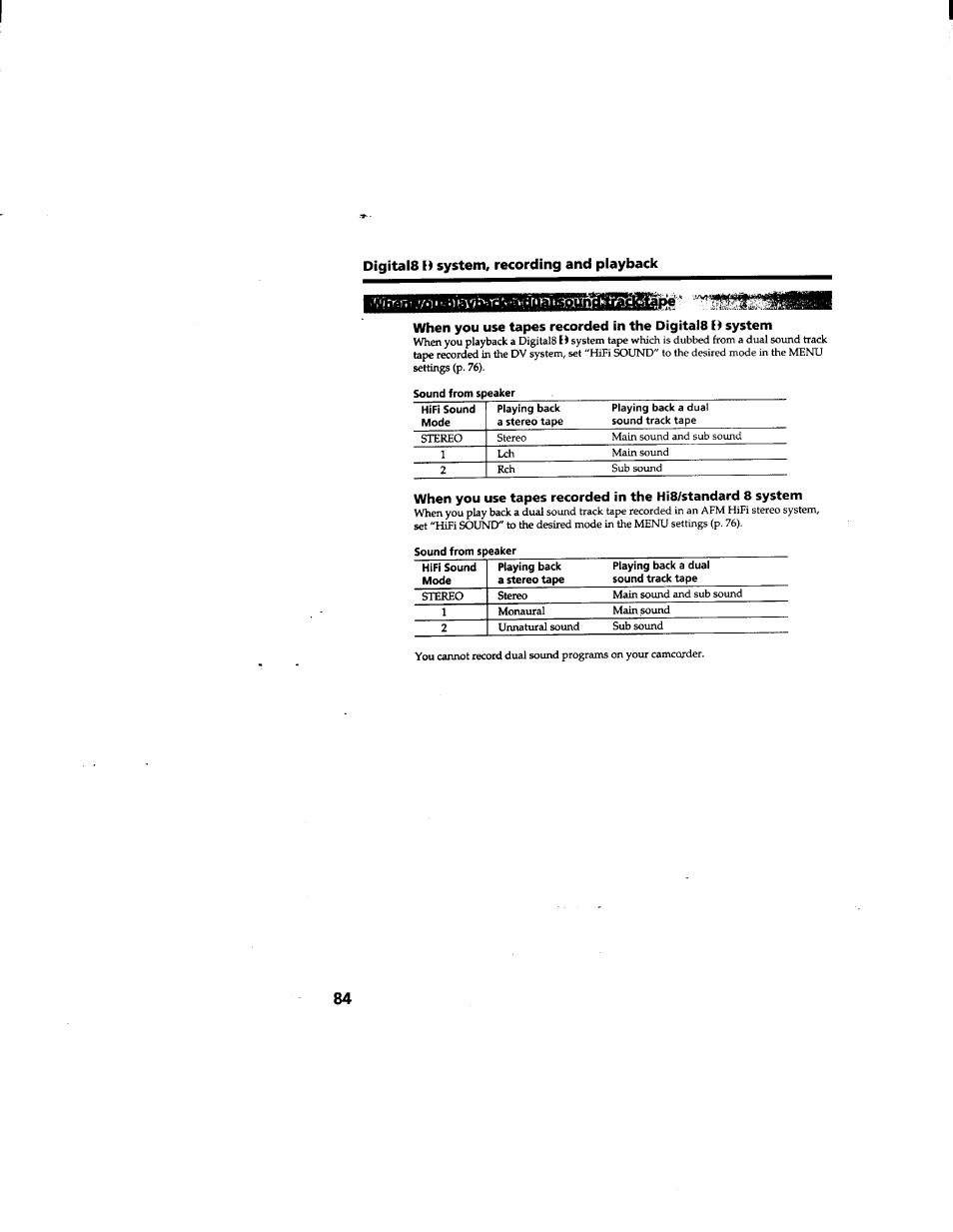 Digitals e) system, recording and playback, When you use tapes recorded in the digitals system, Sound from speaker | I : r*ïïi t£h*ììì | Sony DCR-TRV510 User Manual | Page 84 / 136
