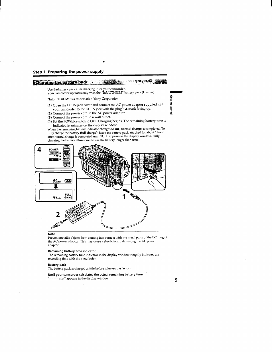 Note, Step 1 preparing the power supply | Sony DCR-TRV510 User Manual | Page 9 / 136