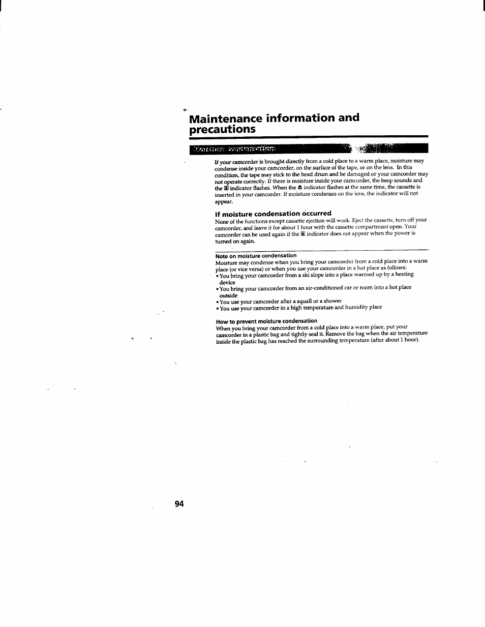 Maintenance information and precautions, If moisture condensation occurred | Sony DCR-TRV510 User Manual | Page 94 / 136