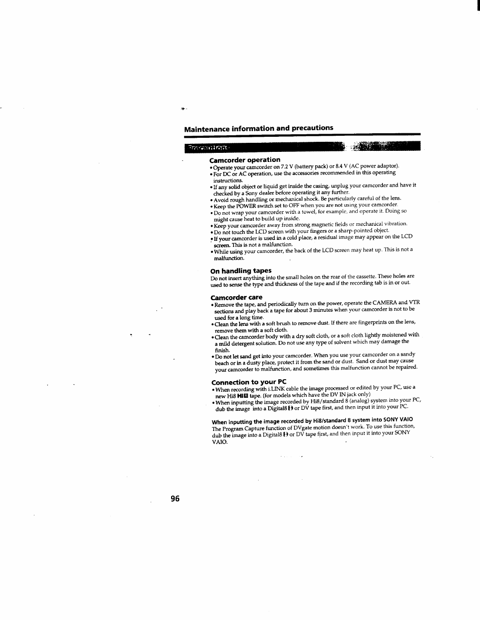 Camcorder operation, On handling tapes, Camcorder care | Connection to your pc, Maintenance information and precautions | Sony DCR-TRV510 User Manual | Page 96 / 136