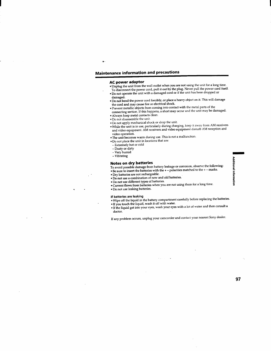 Ac power adaptor, Notes on dry batteries, If batteries are leaking | Maintenance information and precautions | Sony DCR-TRV510 User Manual | Page 97 / 136