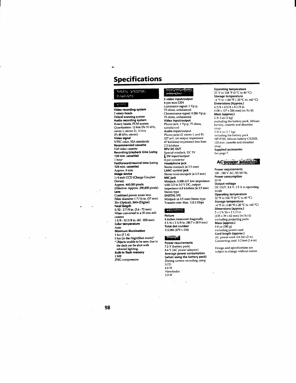 Specifications | Sony DCR-TRV510 User Manual | Page 98 / 136