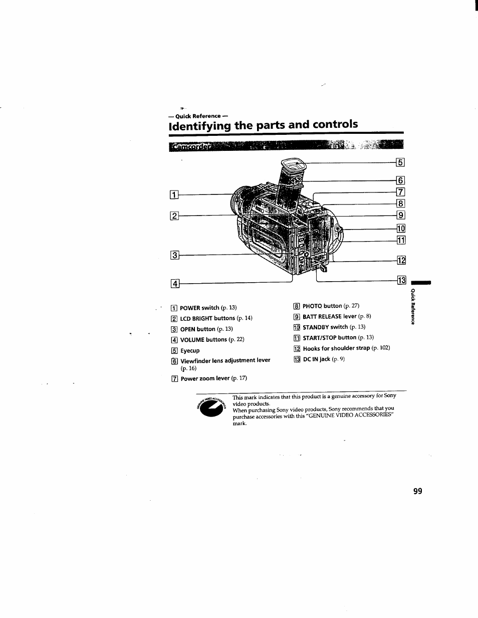 Identifying the parts and controls, P. 8) | Sony DCR-TRV510 User Manual | Page 99 / 136