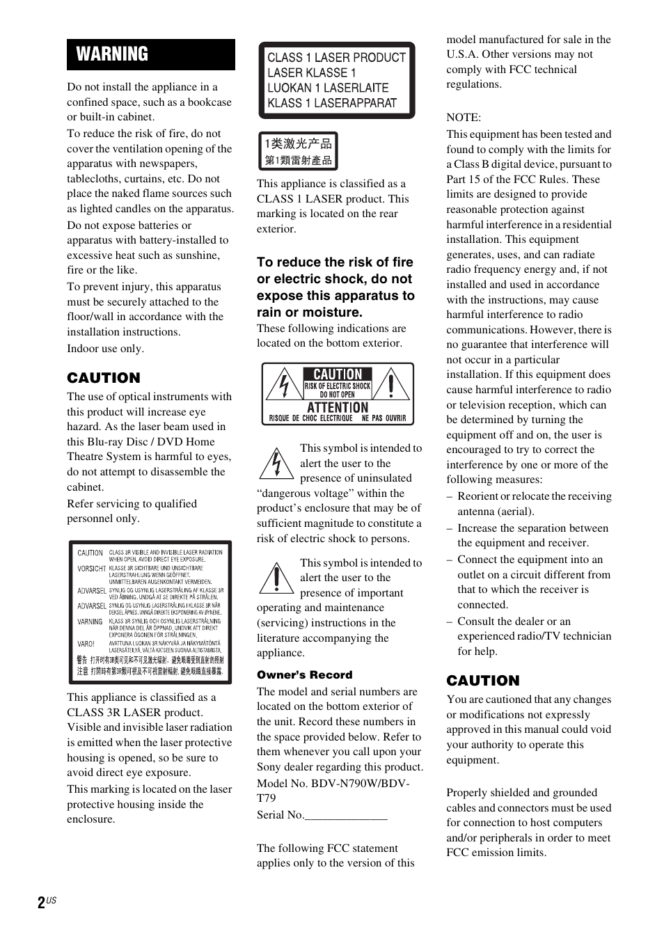 Warning | Sony BDV-N790W User Manual | Page 2 / 64