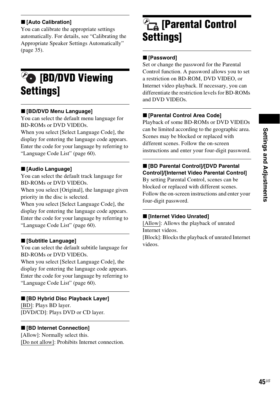 Bd/dvd viewing settings, Parental control settings | Sony BDV-N790W User Manual | Page 45 / 64