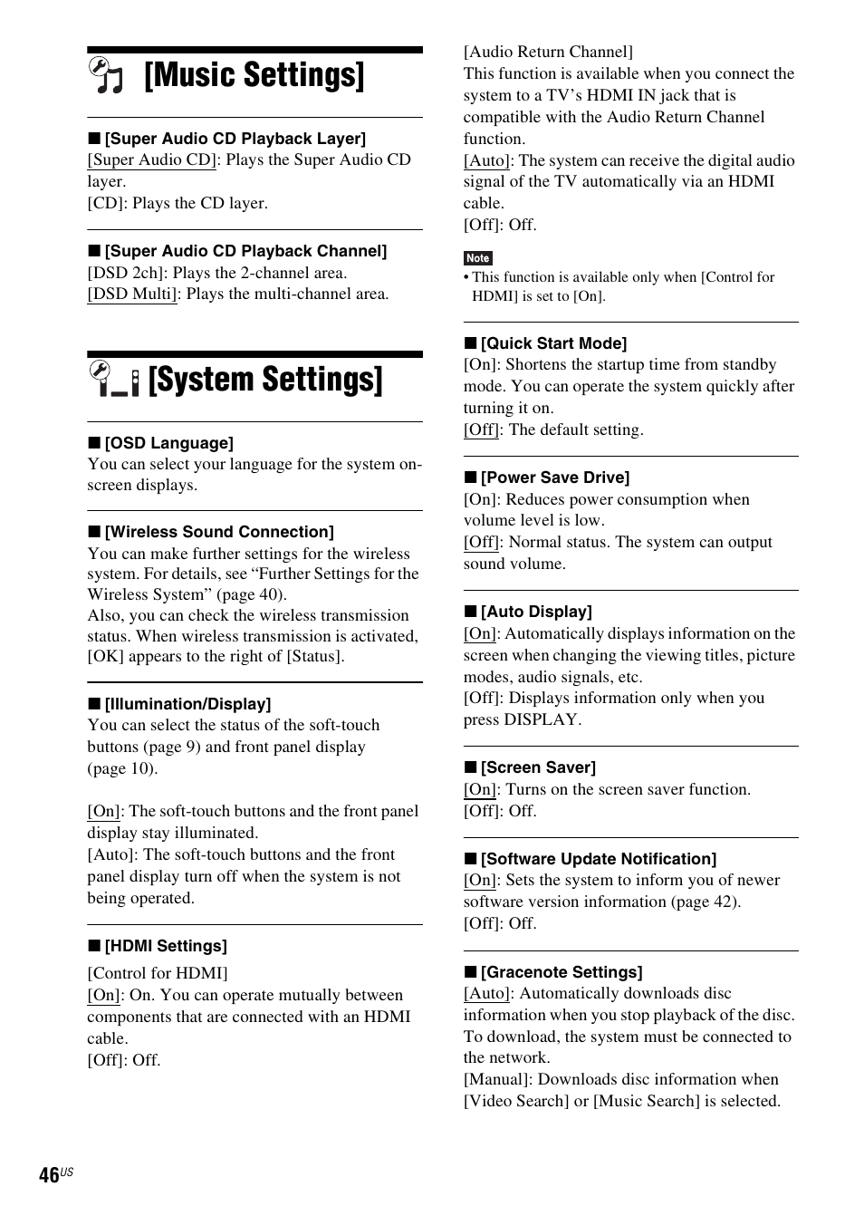 Music settings, System settings, Music settings] [system settings | Sony BDV-N790W User Manual | Page 46 / 64