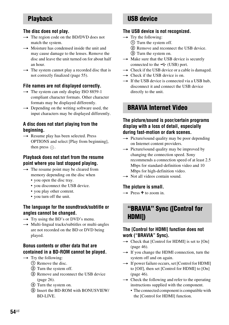 Playback, Usb device, Bravia internet video | Bravia” sync ([control for hdmi]) | Sony BDV-N790W User Manual | Page 54 / 64
