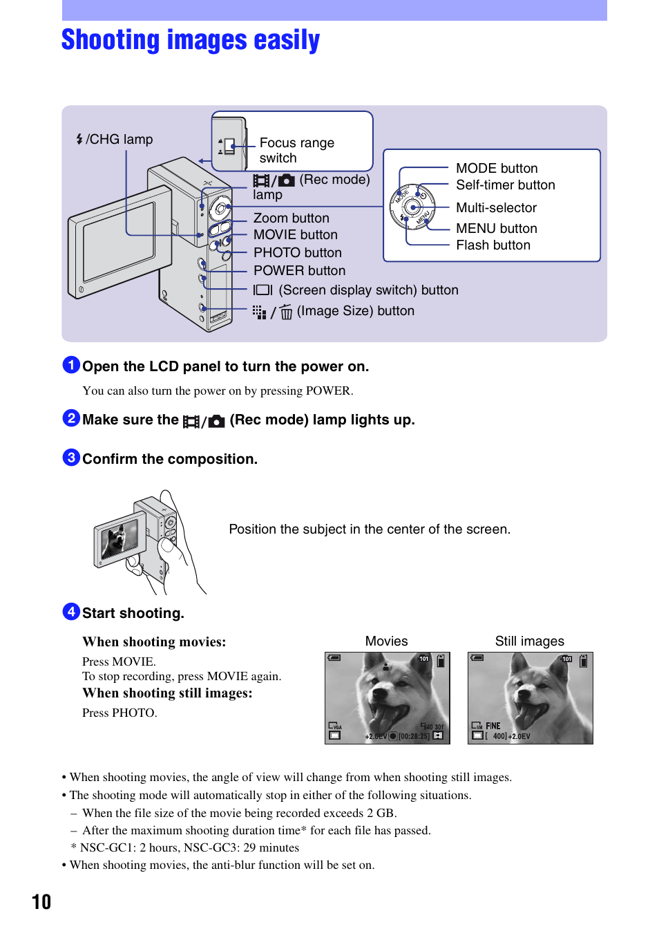 Shooting images easily | Sony NSC-GC1 User Manual | Page 10 / 32