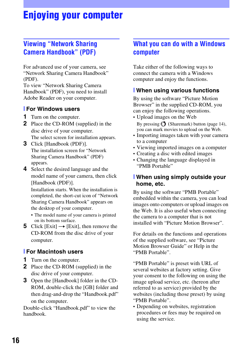 Enjoying your computer, Viewing “network sharing camera handbook” (pdf), What you can do with a windows computer | Sony NSC-GC1 User Manual | Page 16 / 32