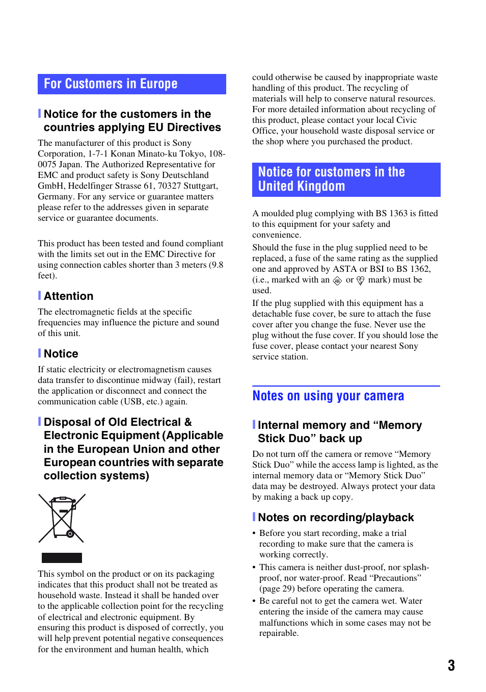 Notes on using your camera | Sony NSC-GC1 User Manual | Page 3 / 32