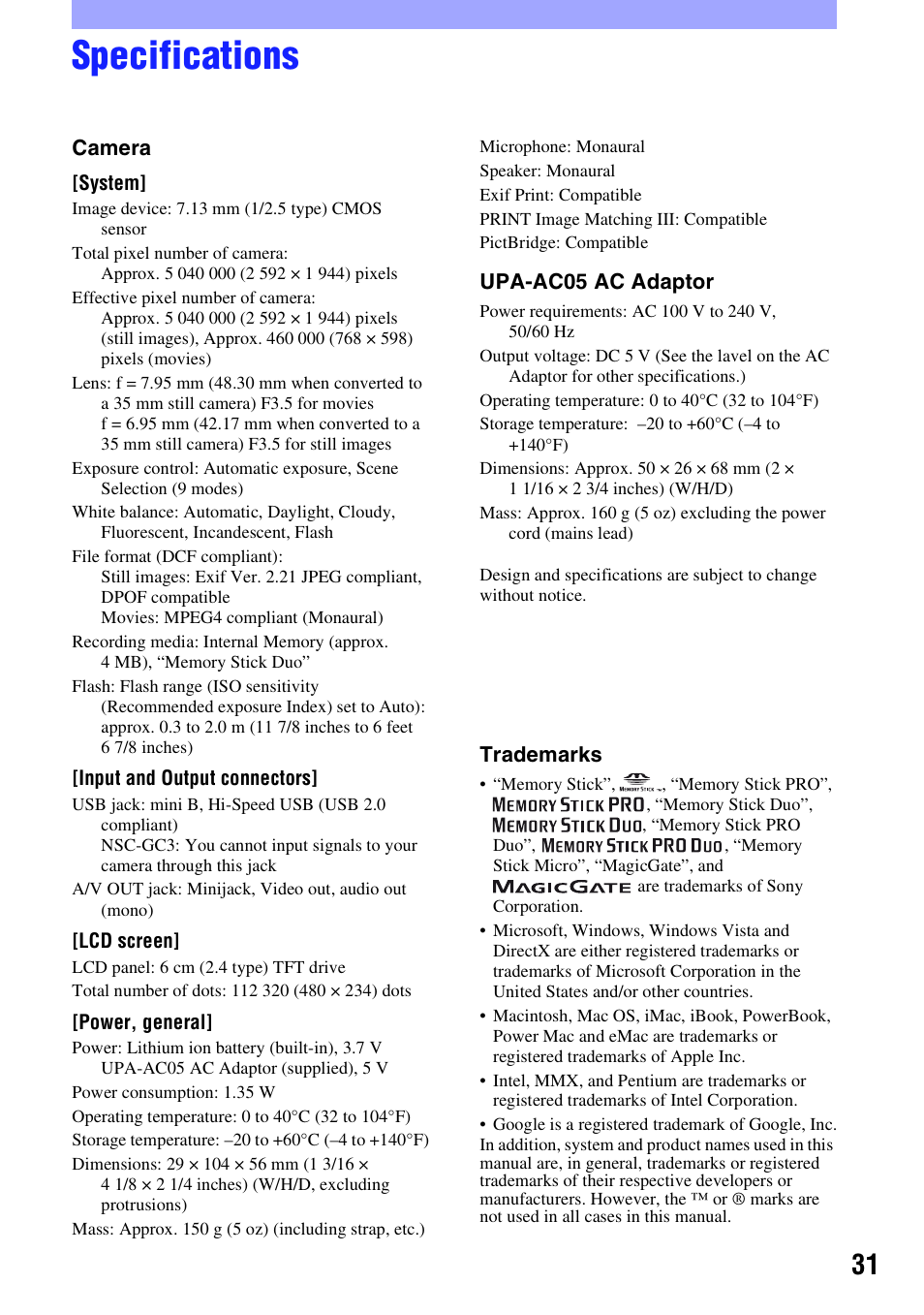 Specifications | Sony NSC-GC1 User Manual | Page 31 / 32