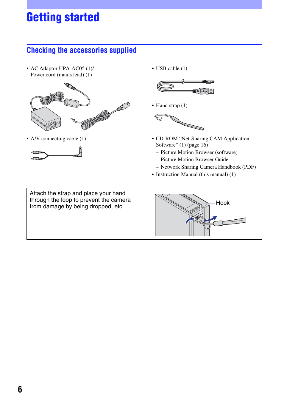 Getting started, Checking the accessories supplied | Sony NSC-GC1 User Manual | Page 6 / 32