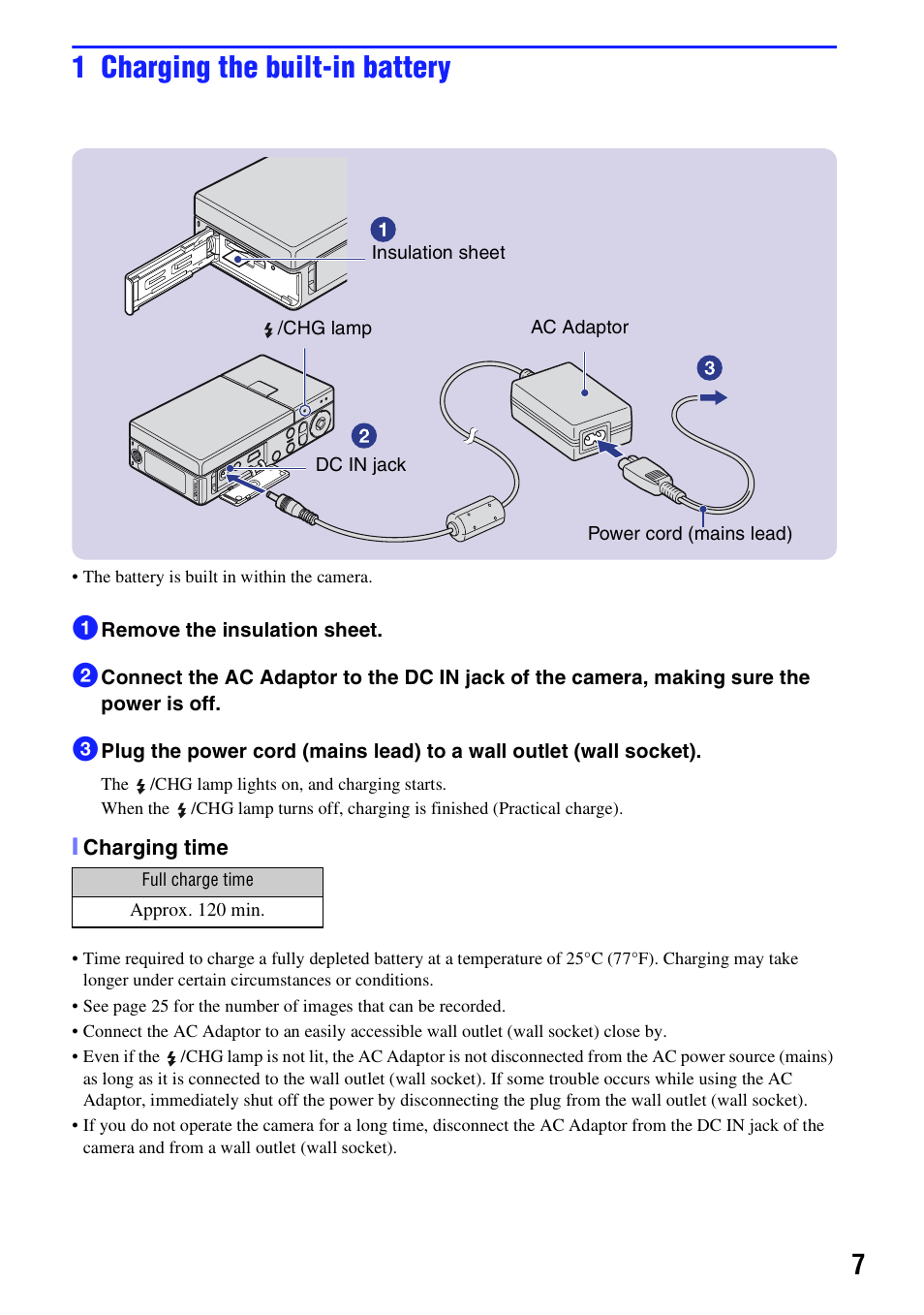 1 charging the built-in battery | Sony NSC-GC1 User Manual | Page 7 / 32