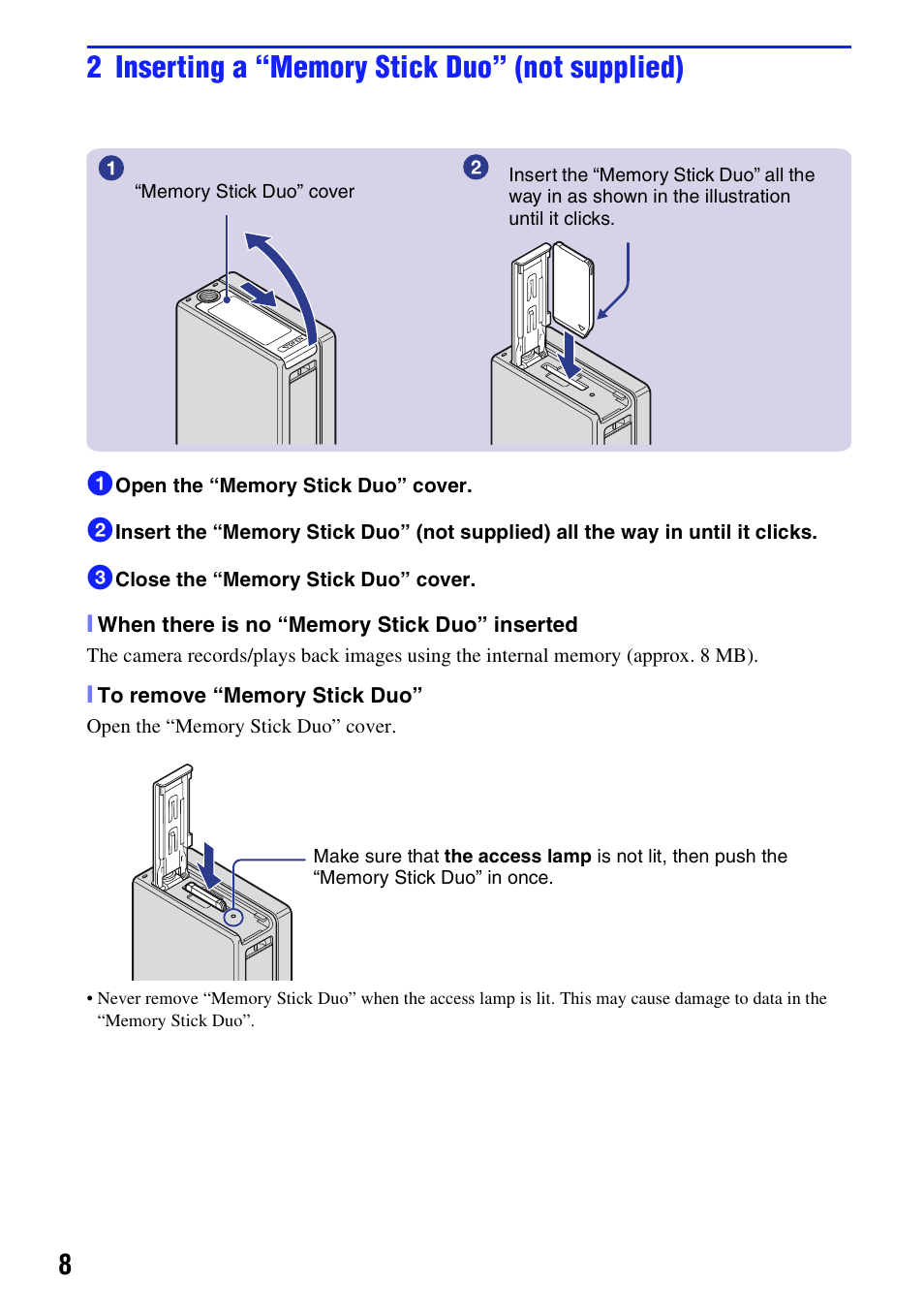 2 inserting a “memory stick duo” (not supplied) | Sony NSC-GC1 User Manual | Page 8 / 32