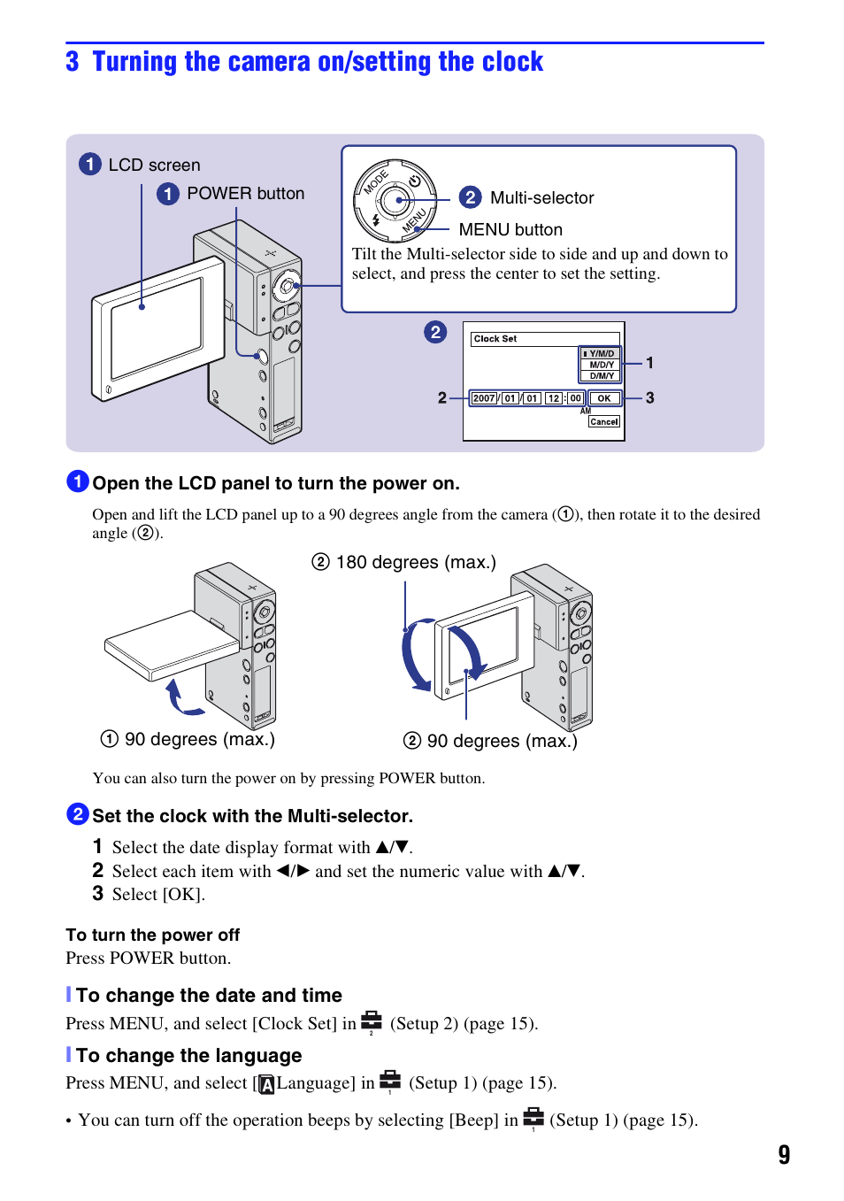 3 turning the camera on/setting the clock, To change the language | Sony NSC-GC1 User Manual | Page 9 / 32