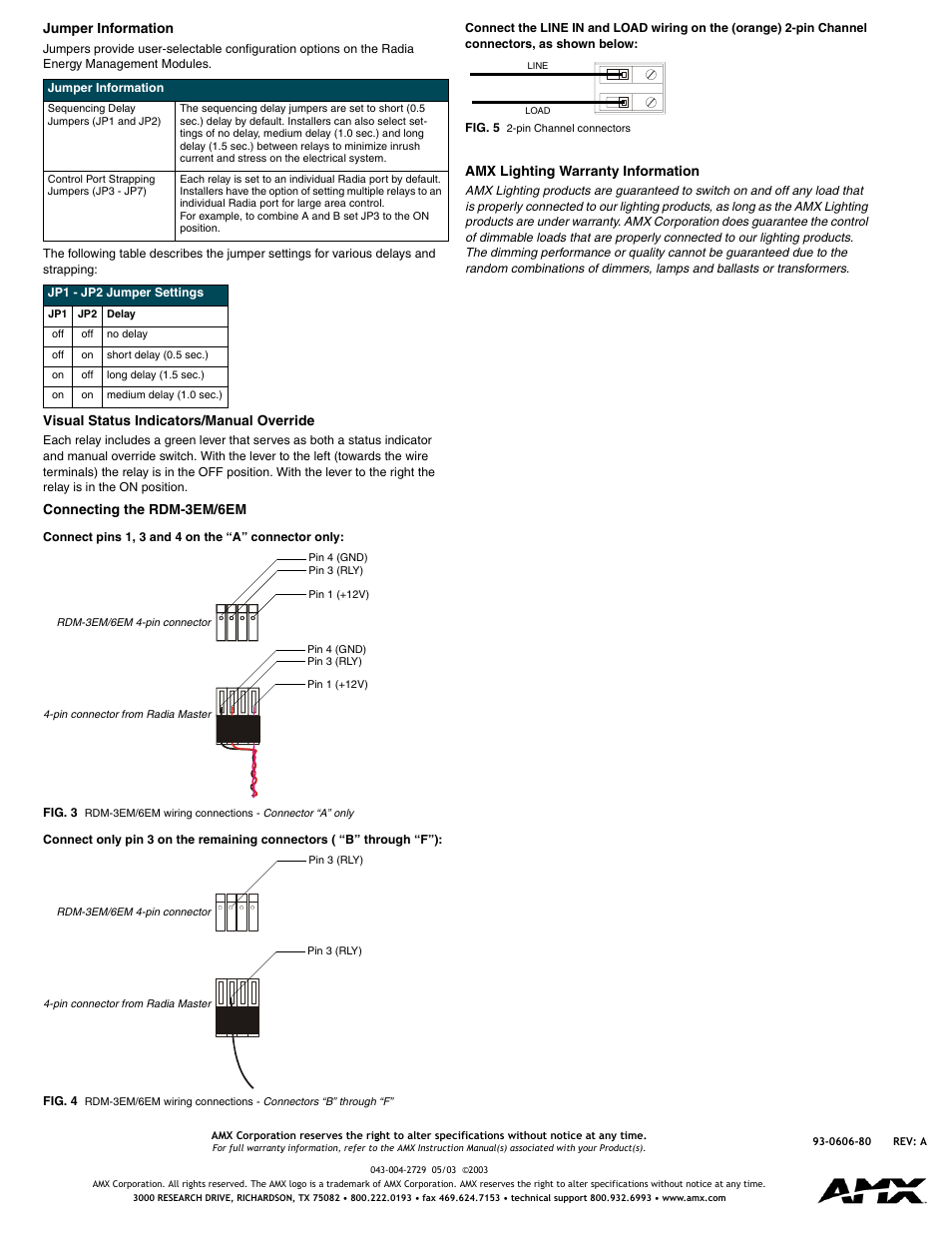 Jumper information, Visual status indicators/manual override, Connecting the rdm-3em/6em | Connect pins 1, 3 and 4 on the “a” connector only, Amx lighting warranty information | AMX Energy Management Modules RDM-3EM User Manual | Page 2 / 2