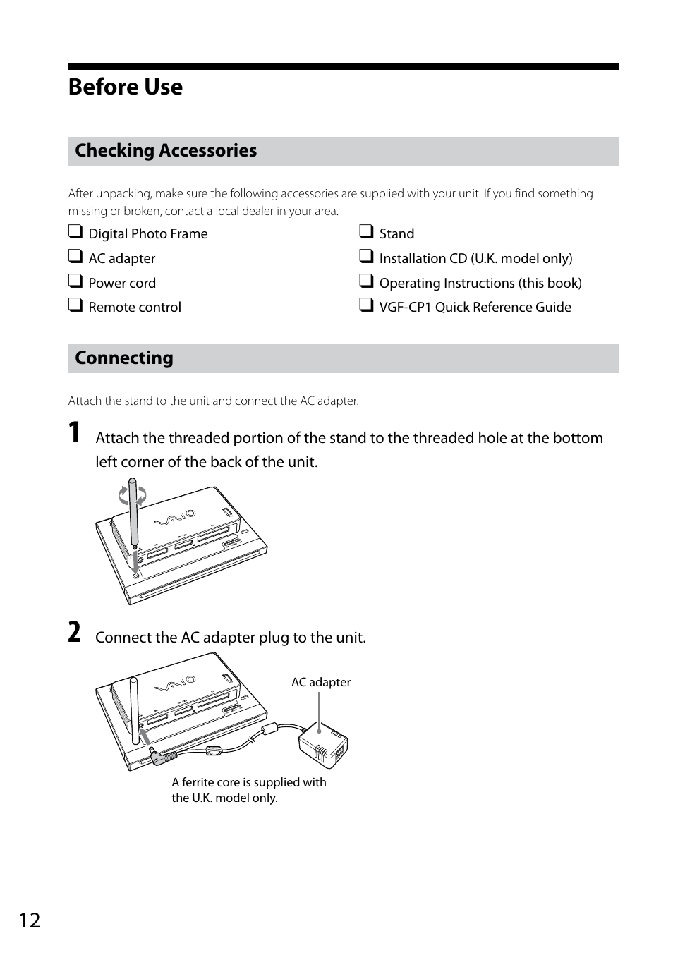 Before use, Checking accessories, Connecting | Checking accessories connecting | Sony VGF-CP1U User Manual | Page 12 / 108