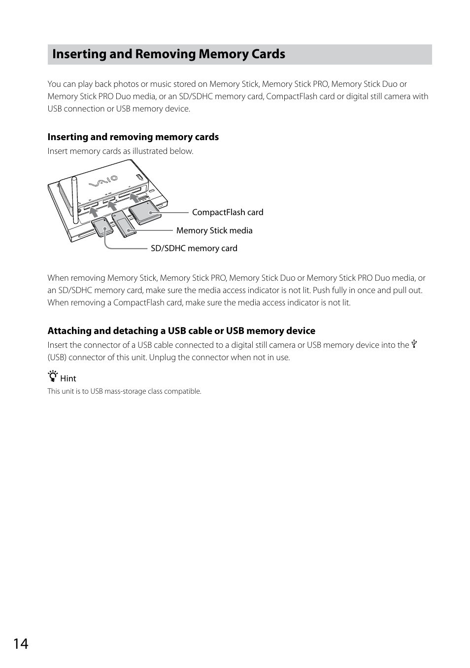 Inserting and removing memory cards | Sony VGF-CP1U User Manual | Page 14 / 108