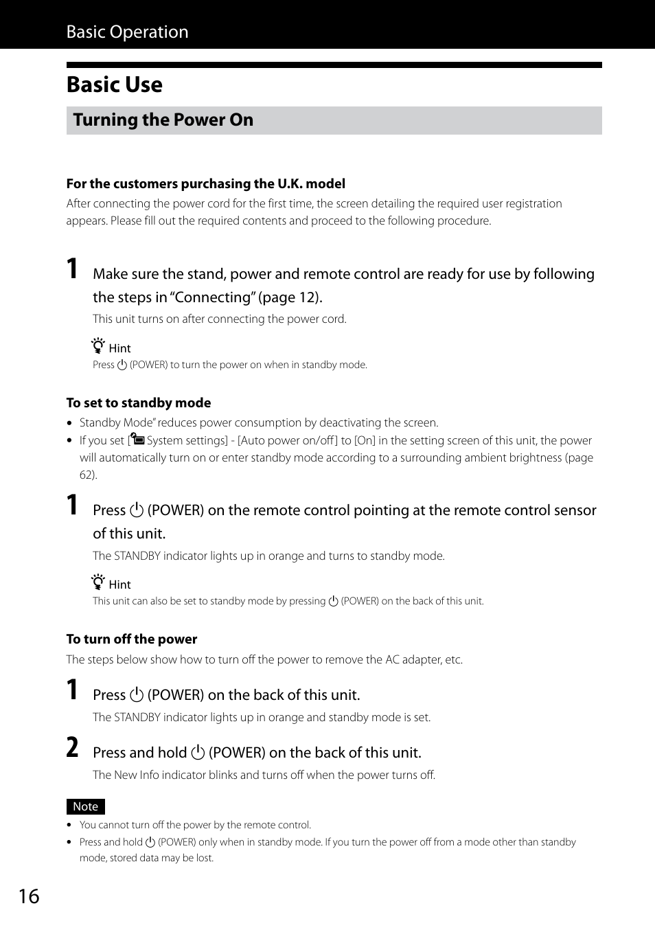 Basic operation, Basic use, Turning the power on | Sony VGF-CP1U User Manual | Page 16 / 108